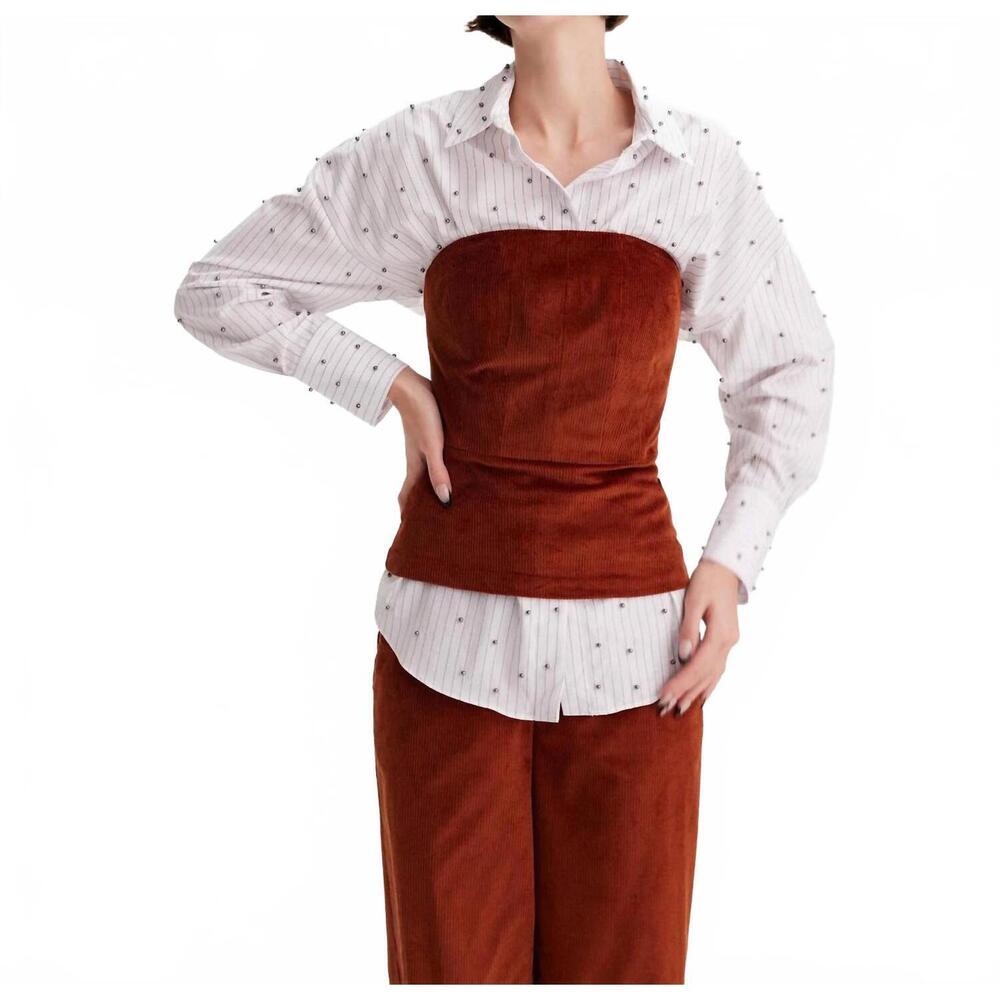 NEW THEO THE LABEL clotho corduroy strapless bustier top in cinnamon